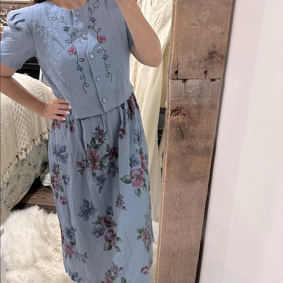 Vintage Miss Dorby Floral Blue Dress with Embroidered Details size XLarge - Picture 1 of 8